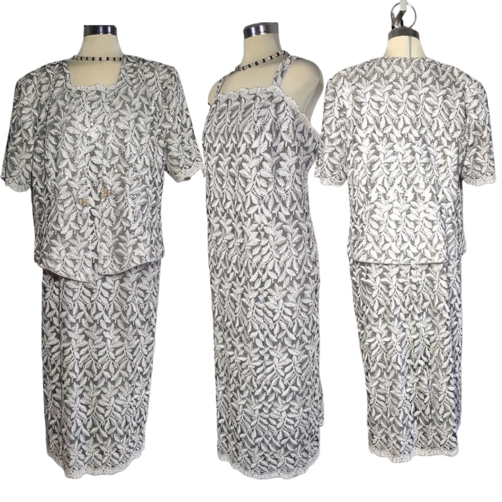 Miss Mama Fashion Grey& White Lace Sparkling 2 Pieces Formal Dress Size 3XL